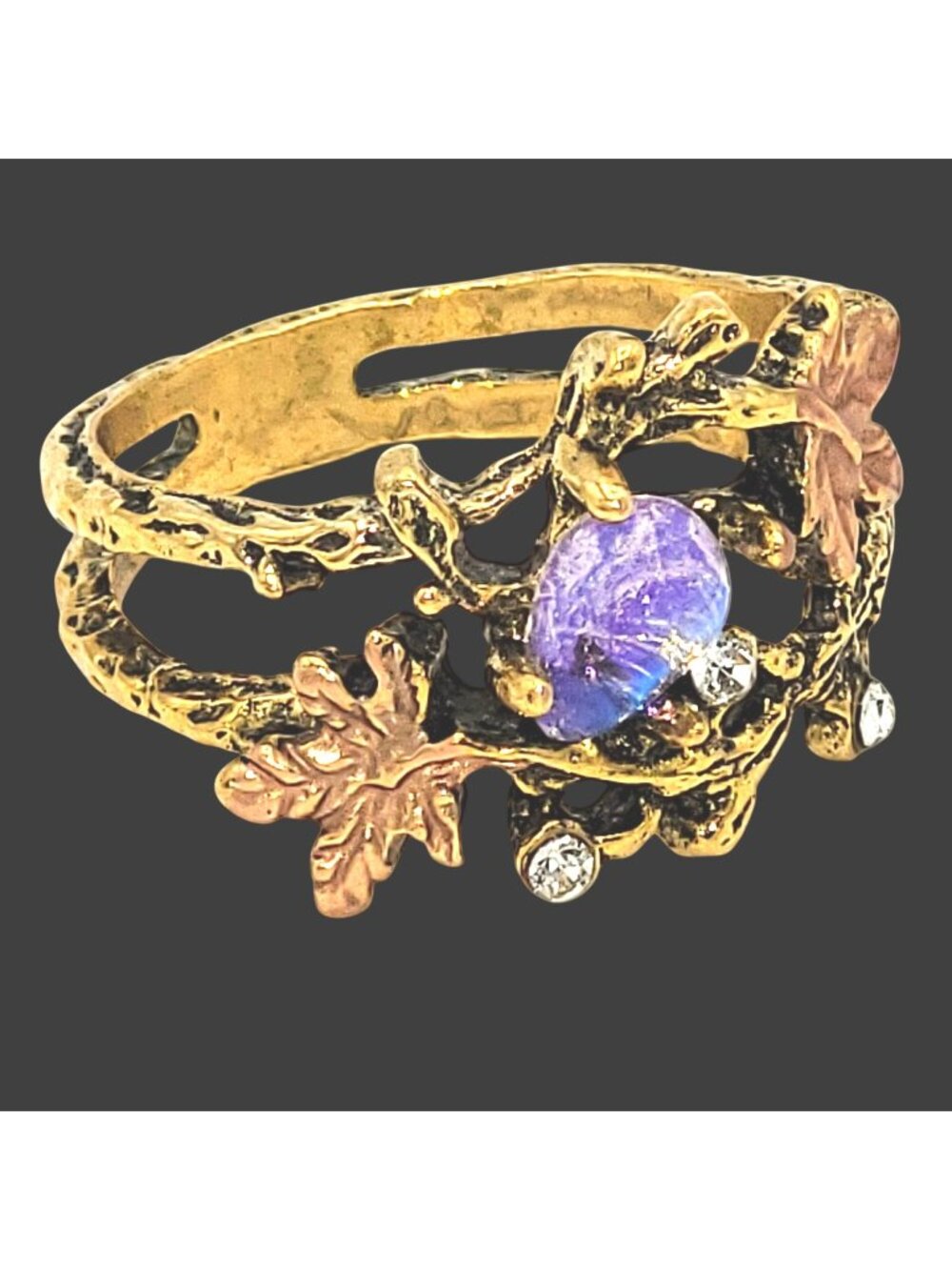 Bronze-toned Nature-Inspired Ring Opalite Stone Leaf Motifs Crystal Accents 8.5